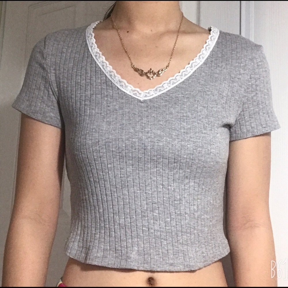 gray grey v neck white lace crop top